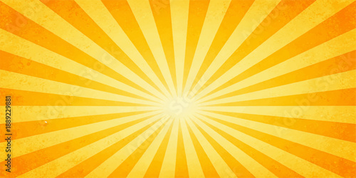 A vibrant orange sunburst background features bright yellow summer sun rays and warm golden sunshine beams radiating from a central starburst design for a hot sunrise vector illustration