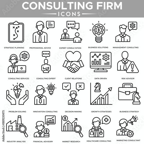 Consulting firm icon set for business strategy, advisory services, and professional management,