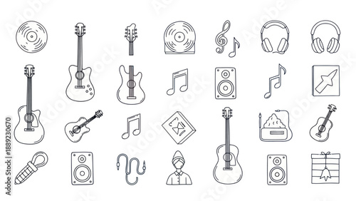 Hand-drawn Music Icons: Guitars, Records, Headphones, Speakers, Notes