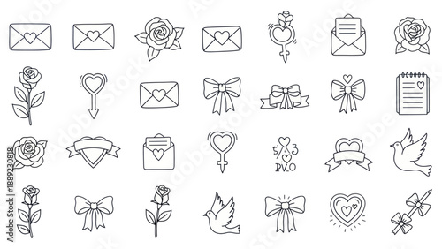Hand-Drawn Valentine's Day Icons: Hearts, Roses, Envelopes, Ribbons, Doves