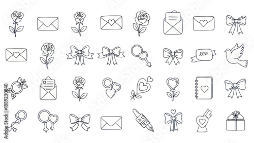 Hand-Drawn Valentine's Day Icons: Roses, Envelopes, Hearts, Bows, and Love Symbols