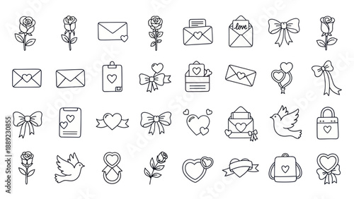 Hand-drawn Valentine's Day Icons: Roses, Hearts, Envelopes, Doves, Bows, Gifts