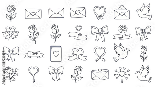 Hand-drawn Valentine's Day Icons: Roses, Hearts, Envelopes, Doves, Bows, Ribbons