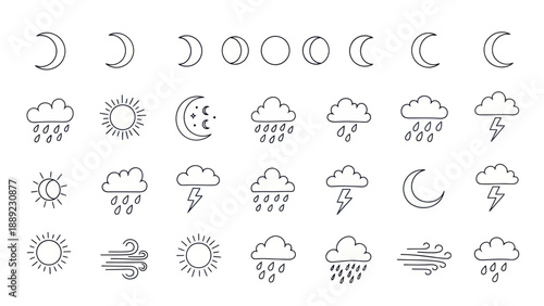 Hand-drawn Weather Icons Set: Moon Phases, Sun, Clouds, Rain, Storm, Wind