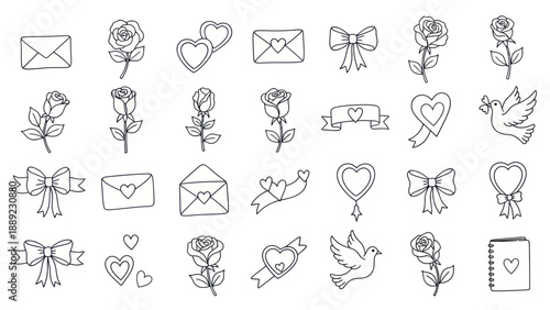 Hand-Drawn Valentine's Day Icons: Roses, Hearts, Envelopes, Ribbons, Doves, Bows