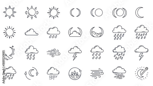 Hand-drawn Weather Icons: Sunny, Cloudy, Rainy, Moon, Lightning, Wind, Seasons