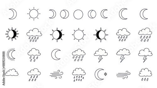 Hand-Drawn Weather Icons: Sun, Moon, Clouds, Rain, Wind, Lightning, Phases
