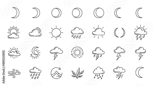 Hand-drawn Weather Icons: Sun, Moon, Clouds, Rain, Lightning, Wind