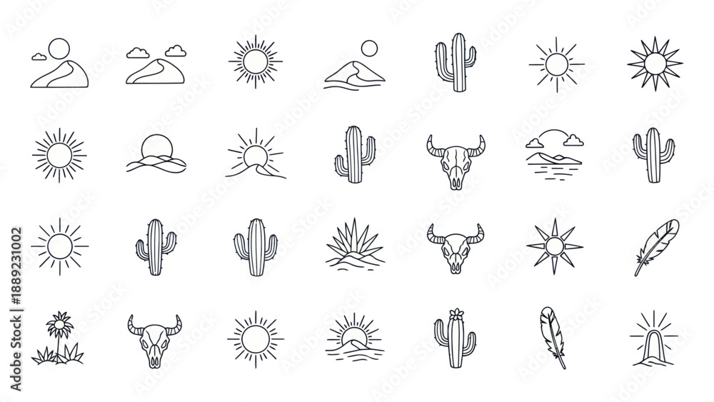 Fototapeta premium Minimalist Desert Icons: Cactus, Sun, Mountains, Bull Skull, Feather