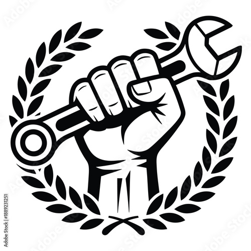 Strong fist holding wrench with laurel wreath
