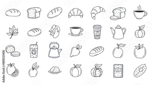 Hand-Drawn Food and Drink Icons: Bread, Croissant, Coffee, Tea, Fruits, Vegetables