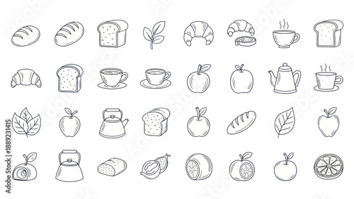 Hand-Drawn Food and Drink Icons: Breakfast, Bakery, Fruits, and Tea Set