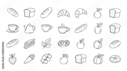 Hand-Drawn Food Icons: Bread, Fruits, Tea, Croissant, Corn - Vector Set