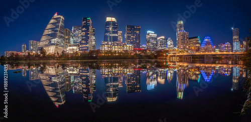Austin Downtown modern office hub of world technology center business urban city landscape of skyscraper and travel destination park along the river and park in capital city of Texas, USA at sunset