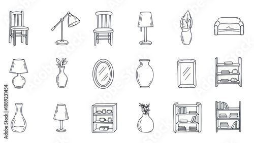 Hand-drawn furniture and decor icons: chairs, lamps, vases, shelves, sofa, mirror