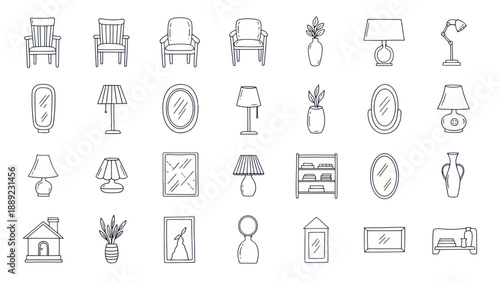 Hand-drawn furniture and decor icons: chairs, lamps, vases, mirrors, shelves, house