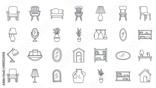 Hand-drawn furniture and decor icons set: chairs, lamps, tables, mirrors, shelves, vases