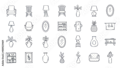 Hand-Drawn Furniture and Decor Icons Set: Chairs, Lamps, Vases, Mirrors, Sofas