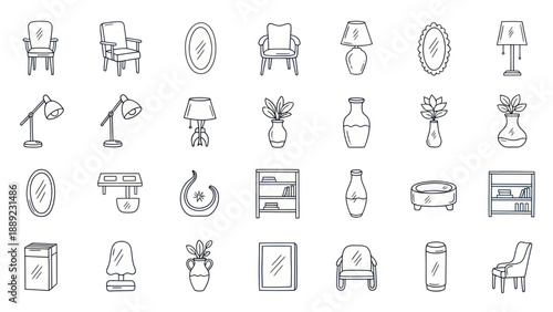 Hand-drawn furniture and decor icons set, minimal line art illustration