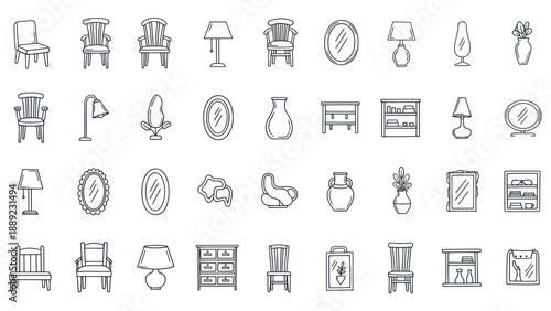 Hand-drawn Furniture and Home Decor Icons: Chairs, Lamps, Mirrors, Vases, Shelves