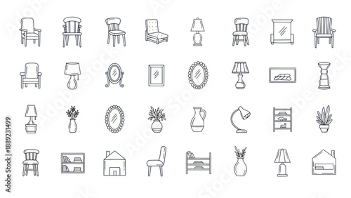 Hand-drawn furniture and home decor icons: chairs, lamps, mirrors, shelves, vases, bed