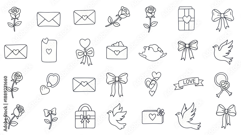 Fototapeta premium Hand-Drawn Love Icons: Roses, Envelopes, Hearts, Doves, Bows, Gifts