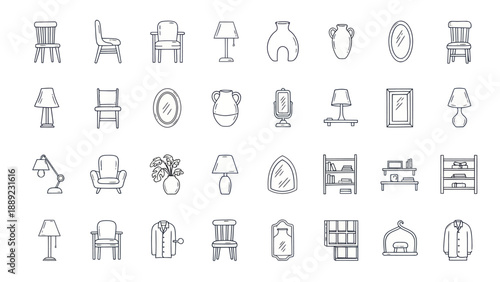 Hand-drawn furniture icons: chairs, lamps, mirrors, vases, shelves, dress