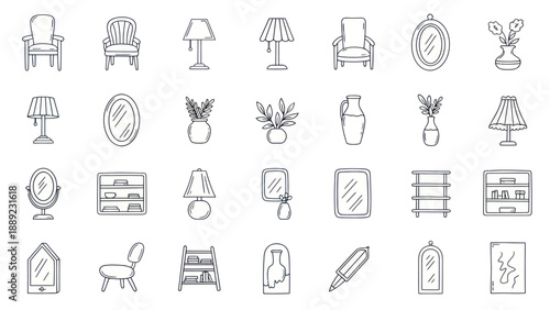 Hand-drawn Home Decor Icons: Furniture, Lamps, Mirrors, Vases, Shelving
