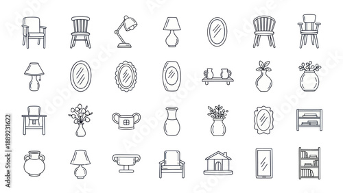 Hand-drawn furniture icons: chairs, lamps, vases, mirrors, shelves, and decor