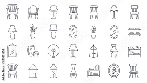 Hand-drawn Home Decor Icons Set: Furniture, Lamps, Mirrors, Shelves