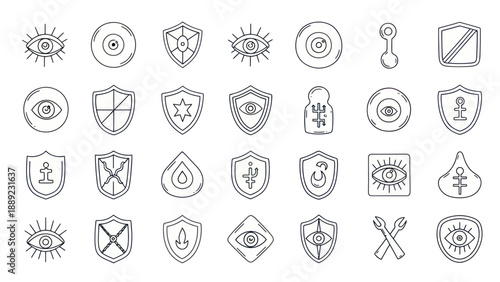 Hand-drawn Icons: Eyes, Shields, Locks, Drops, and Abstract Symbols