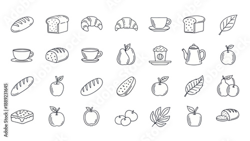Hand-drawn Icons of Food and Drinks: Bread, Croissant, Coffee, Fruit, Tea Pot, Leaves