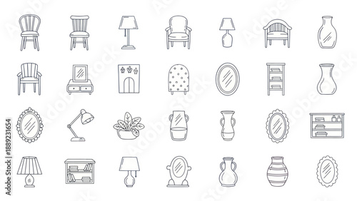 Hand-drawn icons of furniture and home decor, sketch style, white background