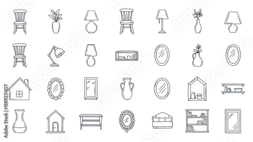 Hand-drawn interior design elements: chairs, lamps, vases, mirrors, shelves, house icons