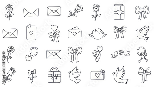 Hand-Drawn Love Icons: Roses, Envelopes, Hearts, Doves, Bows, Gifts