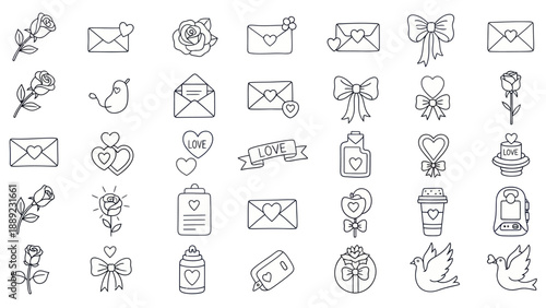 Hand-Drawn Love Icons Set: Roses, Hearts, Envelopes, Bows, Birds, & More