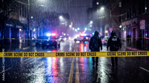 Two shadowy police officers walk past flashing emergency lights behind bright yellow crime scene tape during a heavy nighttime rainstorm on a wet city street.