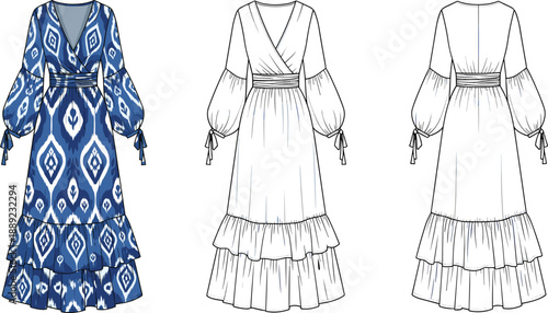 Elegant women wrap dress fashion technical illustration with front and back views, long puff sleeves, belt waist, ruffle hem design