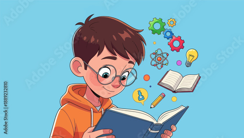 Young student reading book with floating educational elements on light blue background