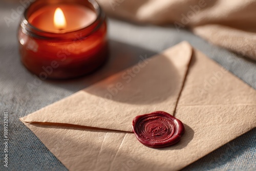 handwritten love letter sealed with red wax stamp, vintage paper texture, warm candlelight, cinematic close-up
