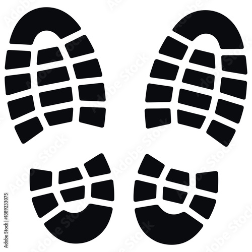 Shoe print silhouette icon showing sole patterns of sneakers or boots for forensic evidence and walking path concept isolated on white background black graphic vector illustration