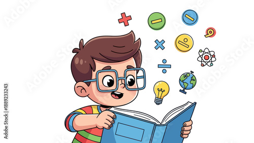 Young student reading book with math symbols floating around illustration
