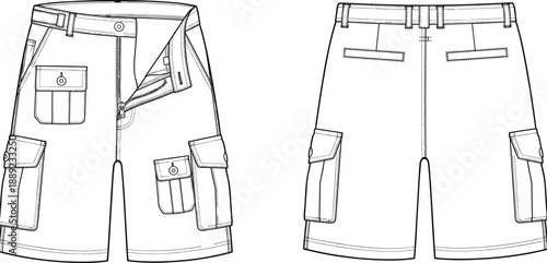 Fotografie Cargo shorts technical fashion CAD flat sketch front and back view, pocket detai