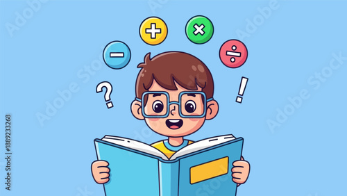 Young student reading book with math symbols learning education concept illustration