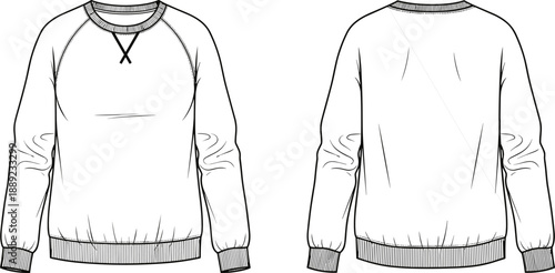 Classic crewneck sweatshirt illustration, front and back view apparel flat drawing, raglan sleeve design with ribbed hem and cuffs, vector template
