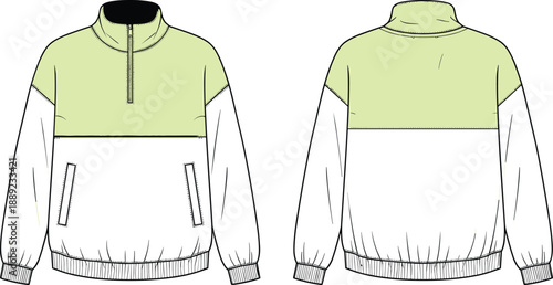 Colorblock half-zip pullover flat sketch, front and back view with pockets and ribbed cuffs, unisex casual outerwear apparel design template