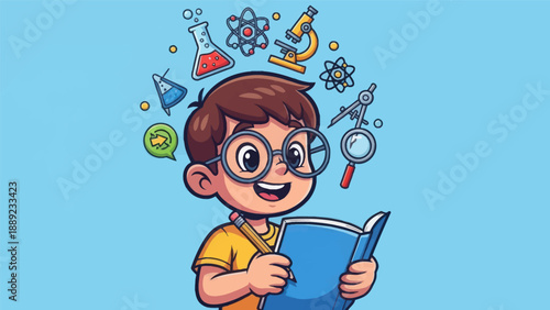 Young student reading book with science and education elements