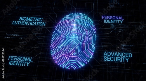 Glowing digital fingerprint icon representing biometric authentication and advanced security protocols for establishing personal identity verification in cyberspace technology