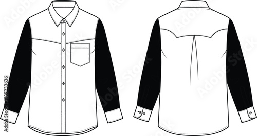 Colorblock western shirt flat sketch, front and back view with yoke and chest pocket, long sleeve button-up apparel design template