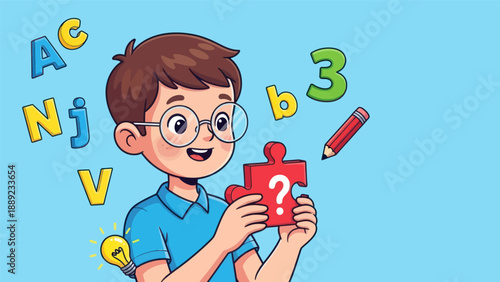 Young student solves puzzle with letters and numbers cartoon illustration
